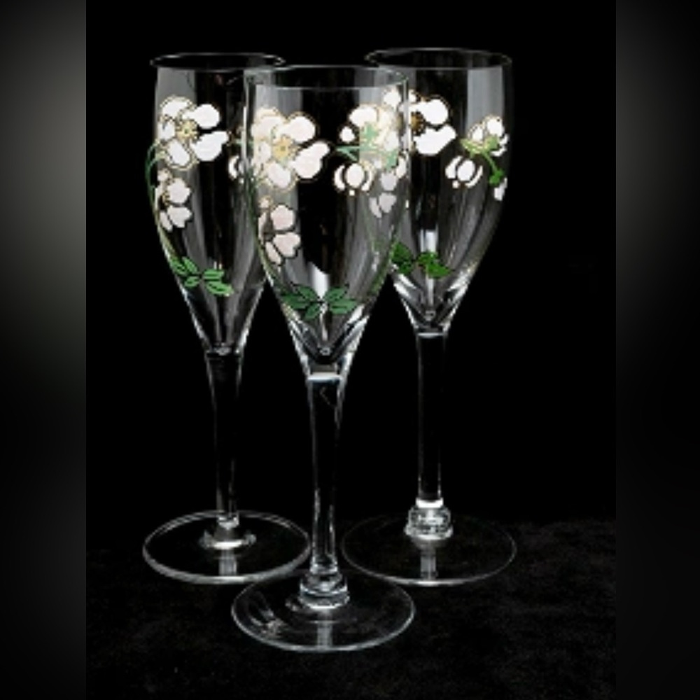Vintage Perrier Jouet Champagne Flutes, Hand Painted, Set of 3